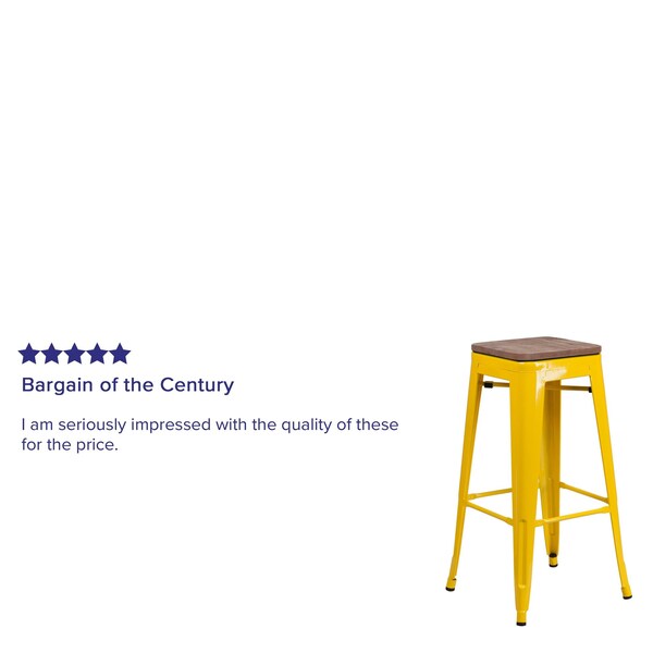 Backless Yellow Metal Barstool with Square Wood Seat, 30