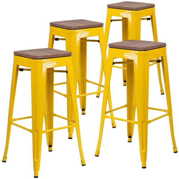 Backless Yellow Metal Barstool with Square Wood Seat, 30