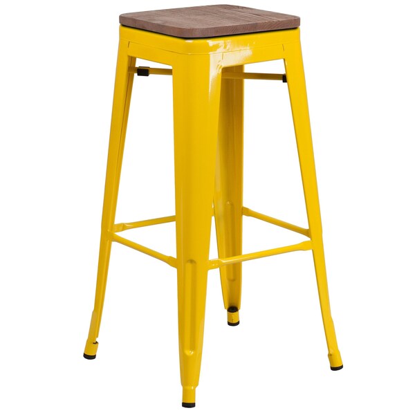 Backless Yellow Metal Barstool with Square Wood Seat, 30