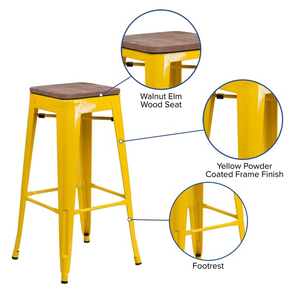 Backless Yellow Metal Barstool with Square Wood Seat, 30