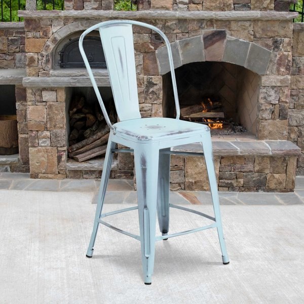 Distressed Gn-Blue Metal Stool
