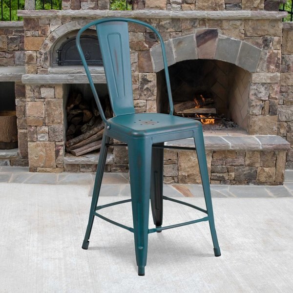 Distressed Blue-Tl Metal Stool