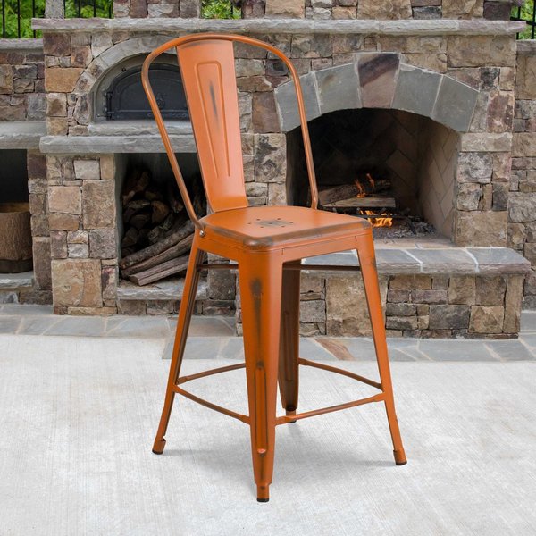 Distressed Orange Metal Stool