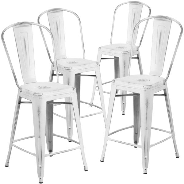 Distressed White Metal Stool