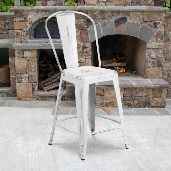 Distressed White Metal Stool
