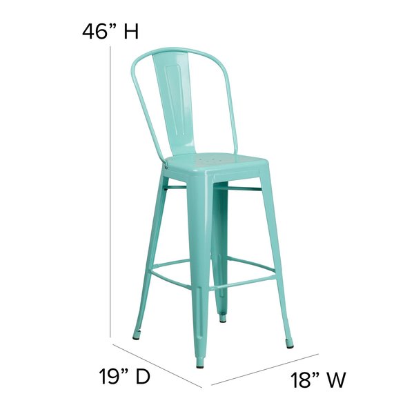 Mint Green Metal Indoor-Outdoor Barstool with Back, 30