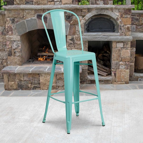 Mint Green Metal Indoor-Outdoor Barstool with Back, 30