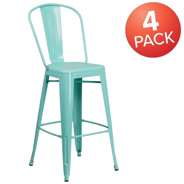 Mint Green Metal Indoor-Outdoor Barstool with Back, 30