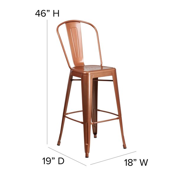 Copper Metal Indoor-Outdoor Barstool with Back, 30