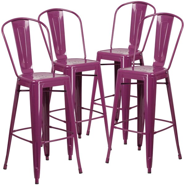 Purple Metal Indoor-Outdoor Barstool with Back, 30