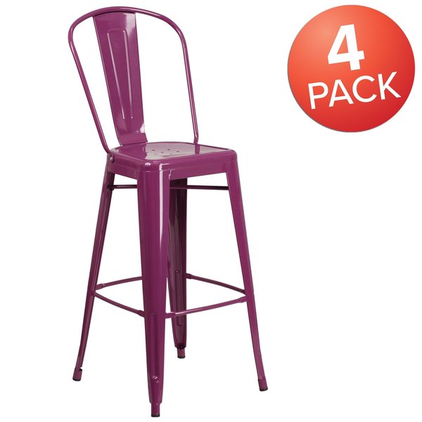 Purple Metal Indoor-Outdoor Barstool with Back, 30