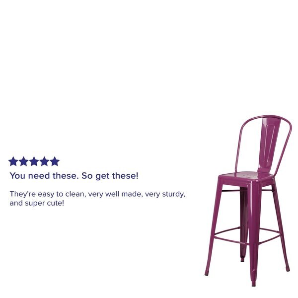 Purple Metal Indoor-Outdoor Barstool with Back, 30