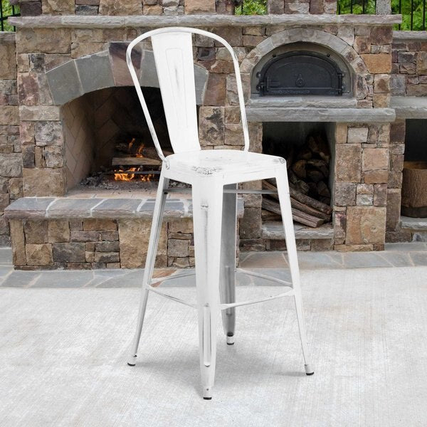 Distressed White Metal Stool