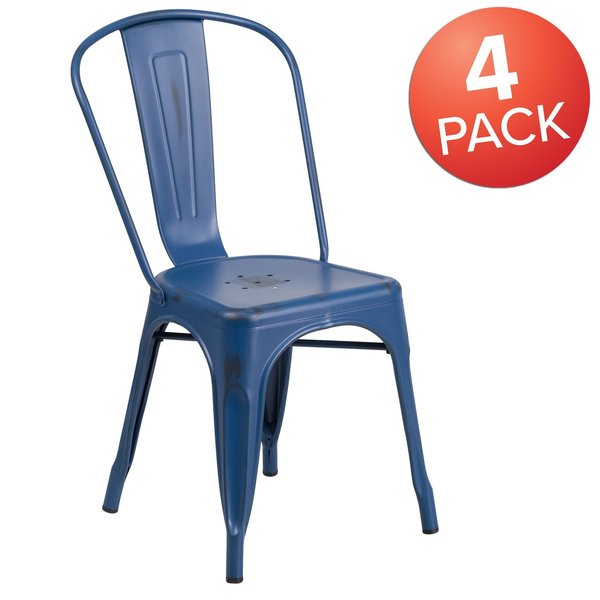 Distressed Antique Blue Metal Indoor-Outdoor Stackable Chair