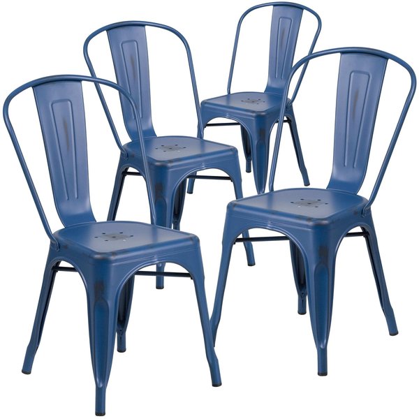 Distressed Antique Blue Metal Indoor-Outdoor Stackable Chair