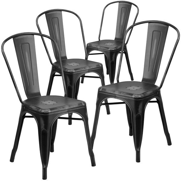Distressed Black Metal Indoor-Outdoor Stackable Chair