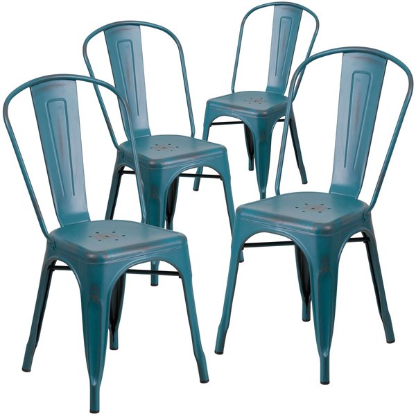 Distressed Kelly Blue-Teal Metal Indoor-Outdoor Stackable Chair