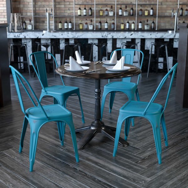 Distressed Kelly Blue-Teal Metal Indoor-Outdoor Stackable Chair