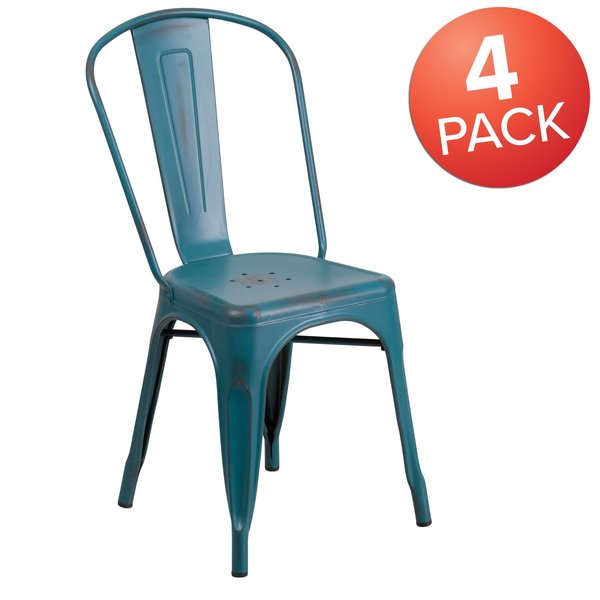 Distressed Kelly Blue-Teal Metal Indoor-Outdoor Stackable Chair