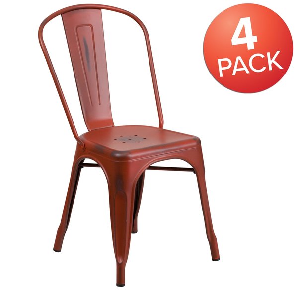 Distressed Kelly Red Metal Indoor-Outdoor Stackable Chair