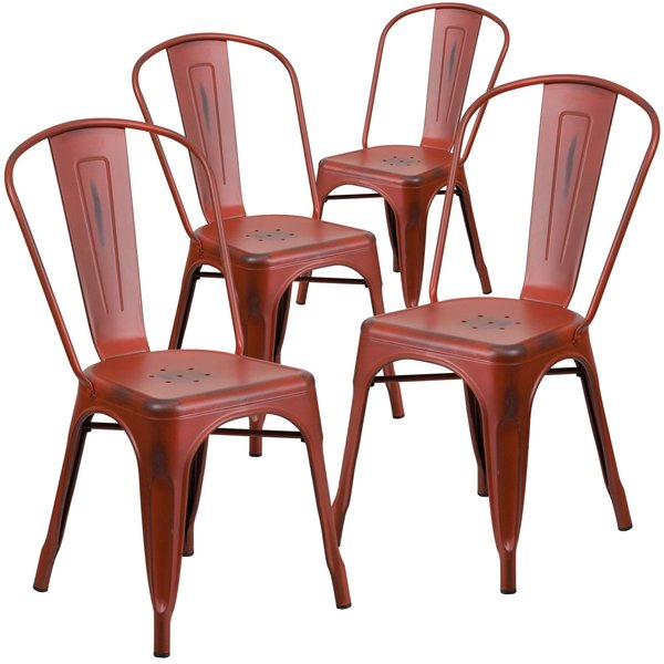 Distressed Kelly Red Metal Indoor-Outdoor Stackable Chair