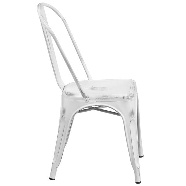 Distressed White Metal Indoor-Outdoor Stackable Chair