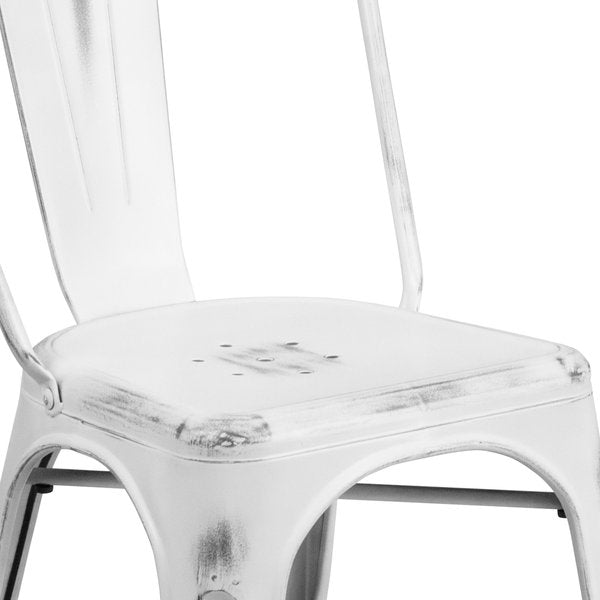 Distressed White Metal Indoor-Outdoor Stackable Chair