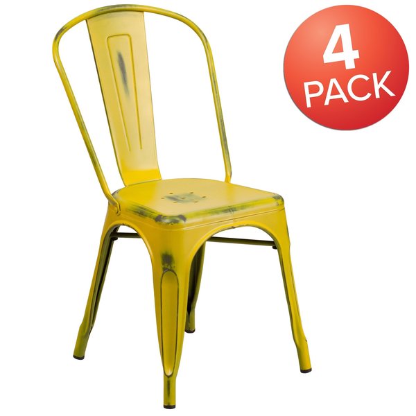 Distressed Yellow Metal Indoor-Outdoor Stackable Chair