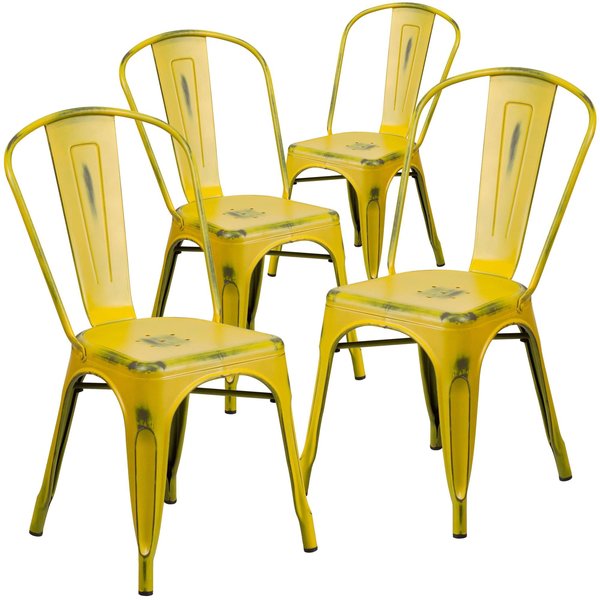 Distressed Yellow Metal Indoor-Outdoor Stackable Chair