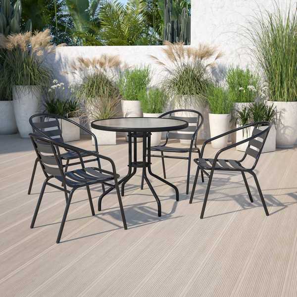 Lila 4 Pack Black Metal Restaurant Stack Chair with Aluminum Slats