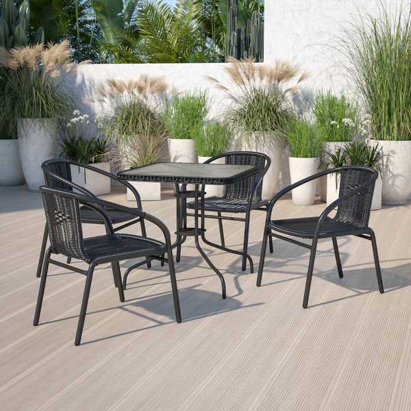 Lila 4 Pack Black Rattan Indoor-Outdoor Restaurant Stack Chair