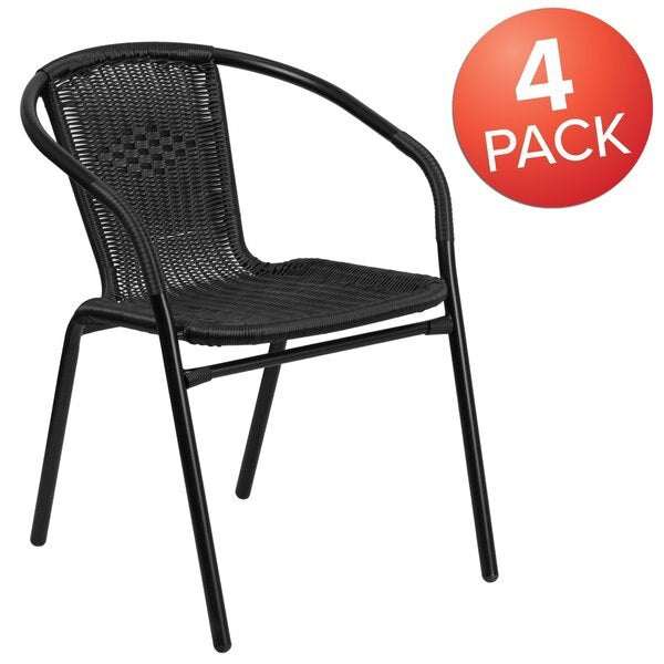 Lila 4 Pack Black Rattan Indoor-Outdoor Restaurant Stack Chair