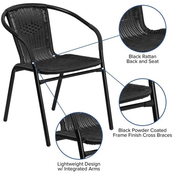 Lila 4 Pack Black Rattan Indoor-Outdoor Restaurant Stack Chair