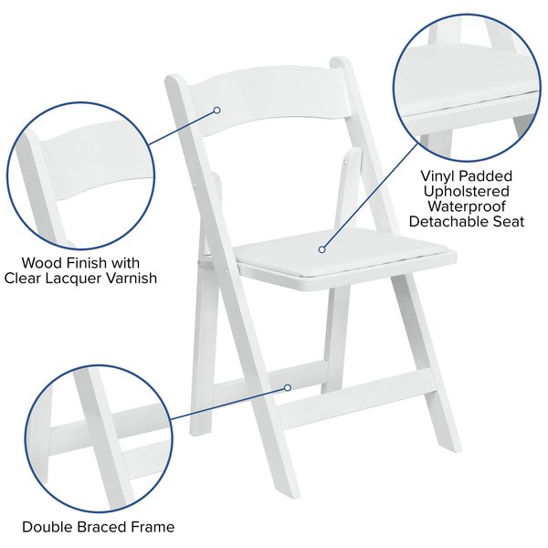 HERCULES Series White Wood Folding Chair with Vinyl Padded Seat