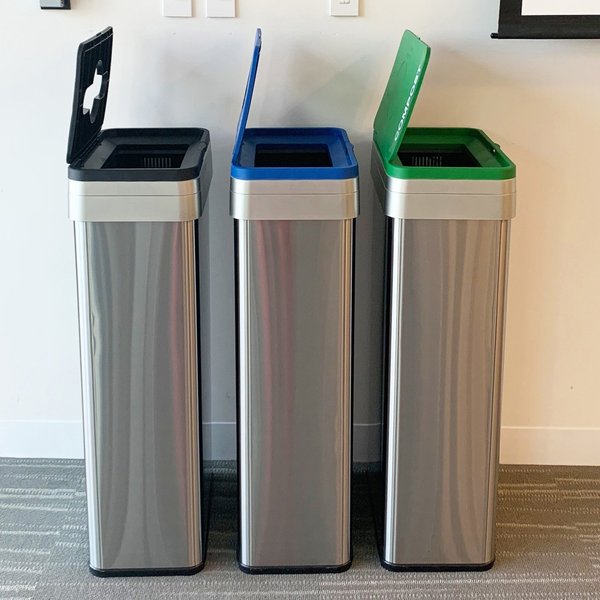 21 gal (each) Rectangular Recycle, Compost, And Trash Bins, Silver, Stainless Steel