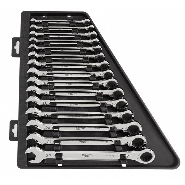 Ratcheting Combination Wrench Set, Metric, 8 mm to 22 mm Head Sizes, 12 Points, 15-Piece