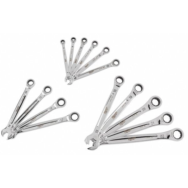 Ratcheting Combination Wrench Set, Metric, 8 mm to 22 mm Head Sizes, 12 Points, 15-Piece