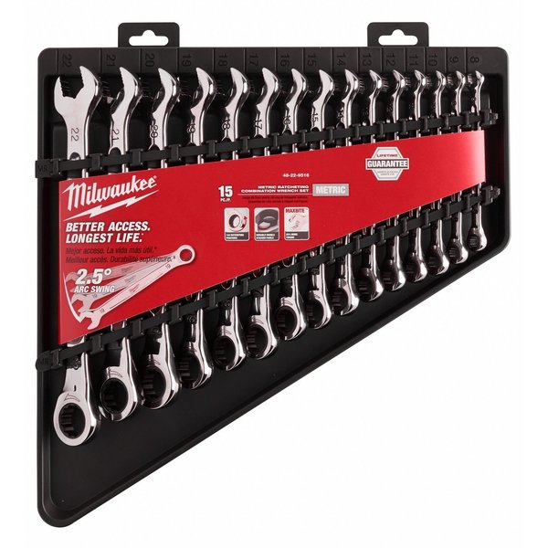 Ratcheting Combination Wrench Set, Metric, 8 mm to 22 mm Head Sizes, 12 Points, 15-Piece