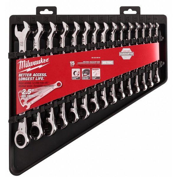 Ratcheting Combination Wrench Set, Metric, 8 mm to 22 mm Head Sizes, 12 Points, 15-Piece