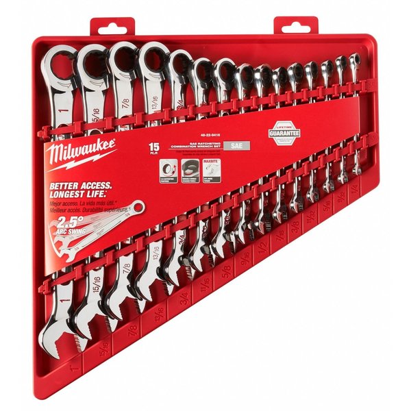 Ratcheting Combination Wrench Set, SAE, 1/4 in to 1 in Head Sizes, 12 Points, 15-Piece