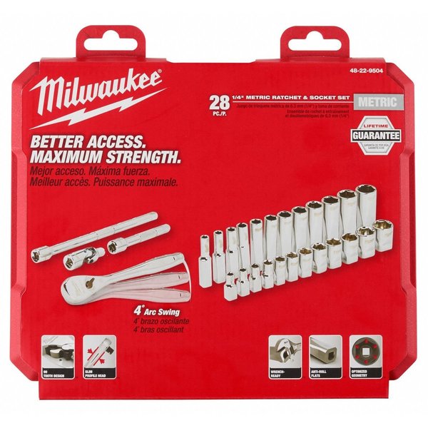 28 pc. 1/4 in. Drive Metric Ratchet and Socket Set with FOUR FLAT Sides