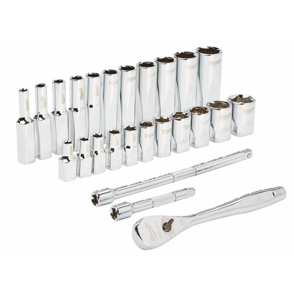 Socket Wrench Set, 1/4 in Drive Size, (10) 6-Point, (10) Deep 6-Point, SAE, 26-Piece