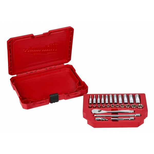 Socket Wrench Set, 1/4 in Drive Size, (10) 6-Point, (10) Deep 6-Point, SAE, 26-Piece