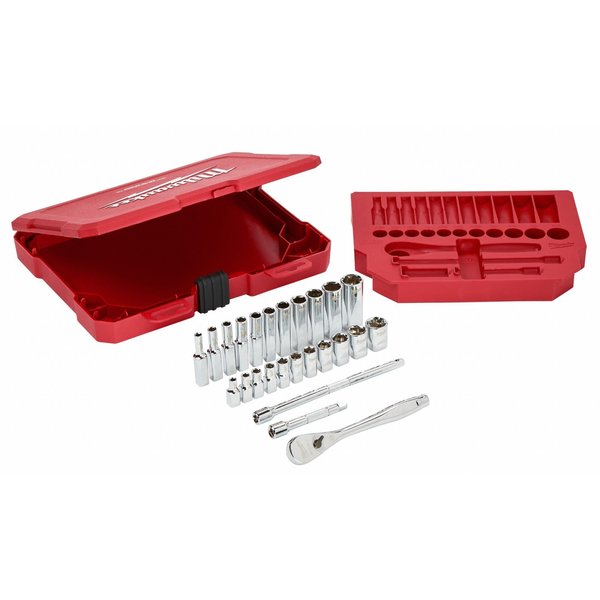 Socket Wrench Set, 1/4 in Drive Size, (10) 6-Point, (10) Deep 6-Point, SAE, 26-Piece