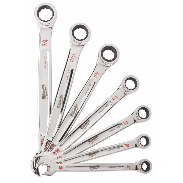 Ratcheting Combination Wrench Set, SAE, 3/8 in to 3/4 in Head Sizes, 12 Points, 7-Piece