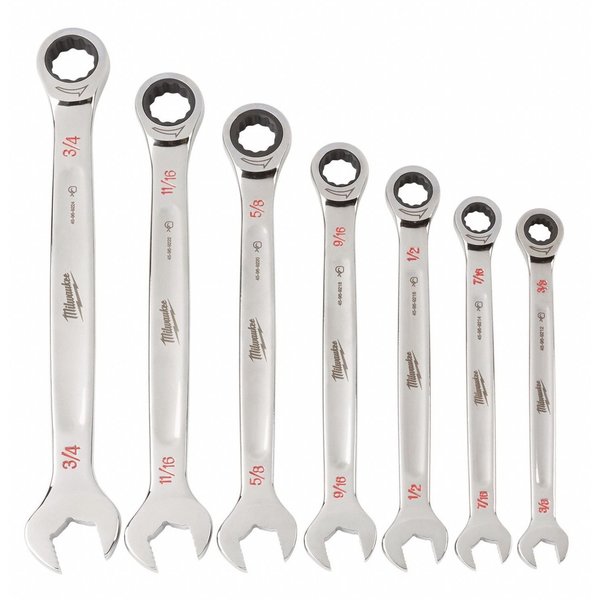 Ratcheting Combination Wrench Set, SAE, 3/8 in to 3/4 in Head Sizes, 12 Points, 7-Piece
