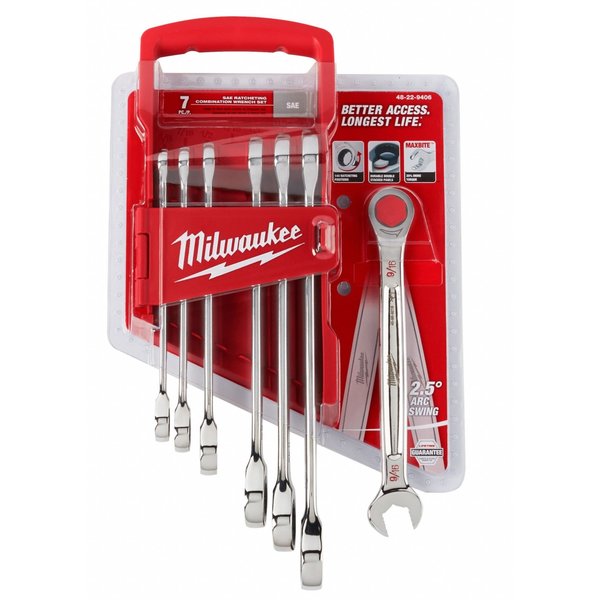 Ratcheting Combination Wrench Set, SAE, 3/8 in to 3/4 in Head Sizes, 12 Points, 7-Piece