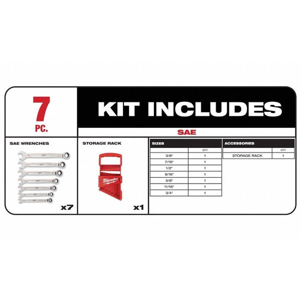 Ratcheting Combination Wrench Set, SAE, 3/8 in to 3/4 in Head Sizes, 12 Points, 7-Piece