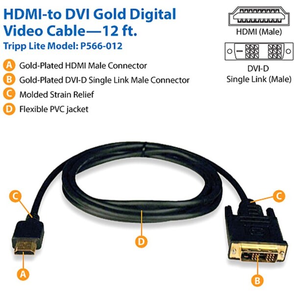 HDMI to DVI Cable, HDMI, DVI-D M/M, 12ft