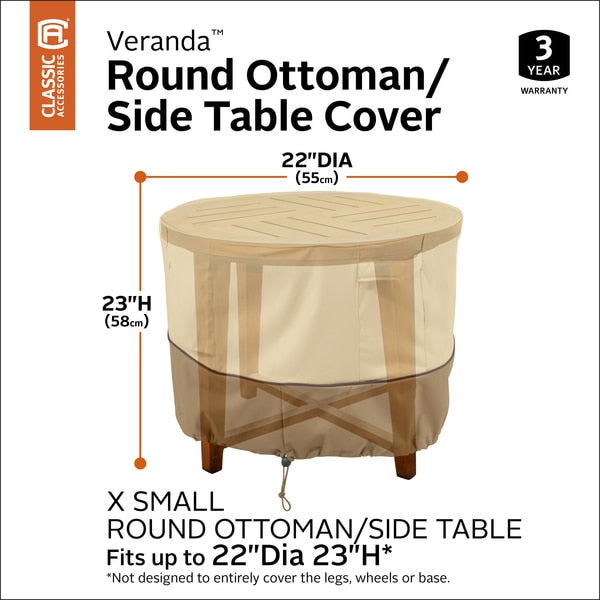 Veranda Beige Patio Round Ottoman Cover, 22 in Dia x 23 in H